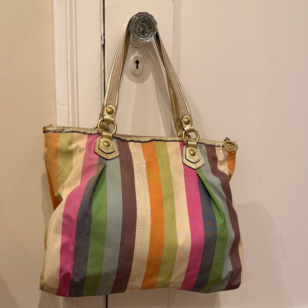 Coach Poppy Multicolor Striped Tote Bag with Gold Accents - Picture 6 of 16